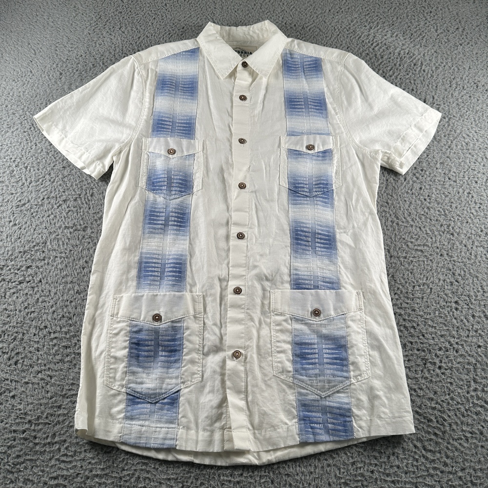 California Cowboy Shirt Mens XS White Blue Stripe Guayabera Button Up USA